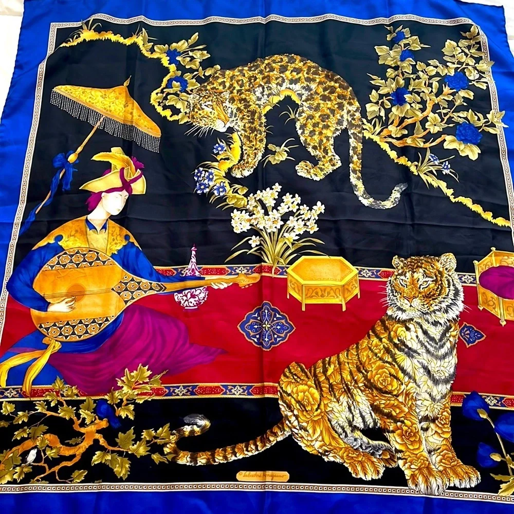 SALVATORE FERRAGAMO VINTAGE Silk Scarf Tigers Chinoiserie Asian Designer WOW!